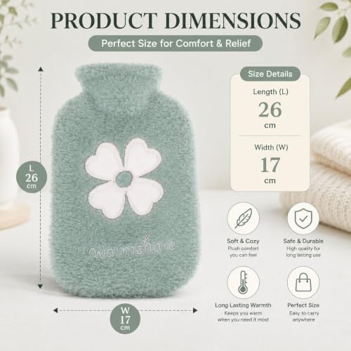 Image of Nuvex Hot Water Bottle with Plush Fur Cover 1 Litre Leakproof Rubber Bag for Period Cramps, Back Pain & Muscle Relief Reusable Heating Pad for Bed & Winter Comfort Hot & Cold Compress for Injury & Swelling Relief