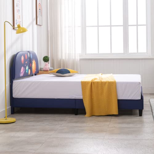 Mixoy Twin Size Kids Bed Frame, Faux Leather Upholstered Platform Bed Frame With Curved Headboard, Blue Bed Frame For Children (Twin, Space) #TOP3