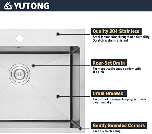 Yutong 31" x 20" Top-Mount/Drop in SS304 Stainless Steel Kitchen Black Sink Single Bowl with Black Strainer - 3