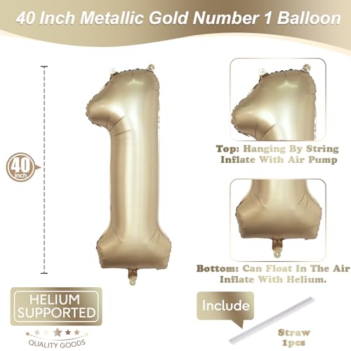 Image of 40 Inch Gold Number 1 Balloon for 1st Birthday Decoration, Metallic Light Gold Mylar Foil Number Balloons 0-9 for Boys Girls, Champagne One Helium Balloons for Women Men 1st Anniversary Party Supplies