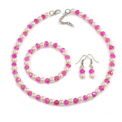 Juego de collar de cuentas de cristal fucsia y perlas de acabado fino con pendientes de gota