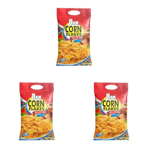 Image of 8AM Corn Flakes 200g, 92% Corn, 99% Fat Free, No Cholesterol, Trans Fat, Artificial Additives, Vitamins B1, B2, B3, B6, B9, Iron, Calcium, Crunchy & Nutritious Cereal (Pack of 3)