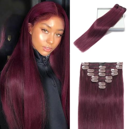 Clip in Hair Extensions: 99J Burgundy, Real Human Hair, Double Weft Handmade, 8pcs Per Set with 18Clips, Clip In Extensions for Women (16 Inch, 90g, 99J Burgundy)