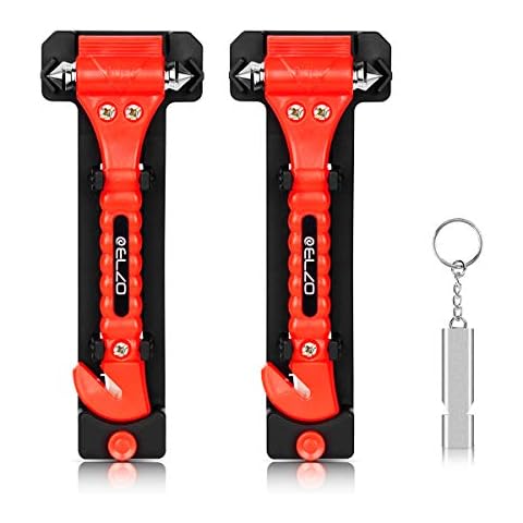 ELZO 2 Pack Car Safety Hammer 2 in 1 Emergency Escape Tool Window Breaker and Seat Belt Cutter Rescue Kit with Survival Whistle Cover