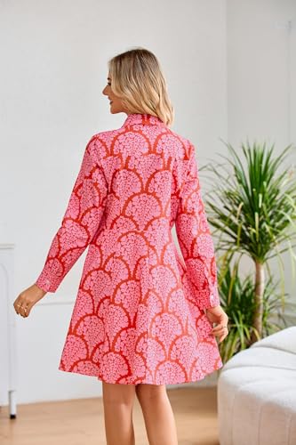 Image of Women's Printed Button Down Shirt Dress Long Sleeve Belted Mini Dress