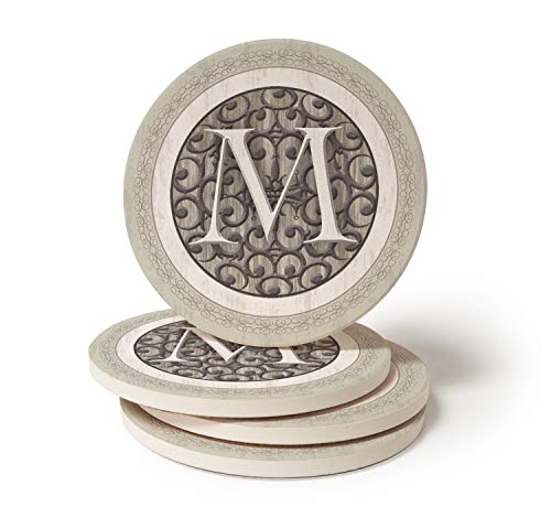 Monogram M Coasters Set of 4 Round Stoneware Coasters, Drink Coasters Wedding or Hostess Gifts for Women Or Men, Housewarming Gifts or Home Décor Absorbent with Cork Backing