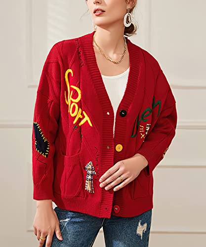 Image of utcoco Womens Open Front Cardigan Cable Knit Long Sleeve Button Down Embroidery Cardigan Sweaters