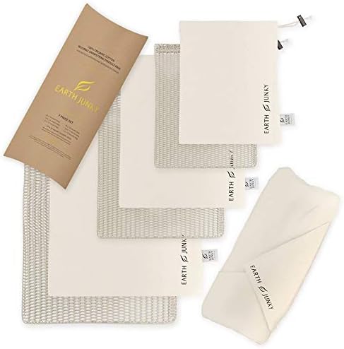 7 Piece Reusable Produce Bags Organic Cotton Mesh and Muslin Durable - 6 Grocery Bags with 1 Greens Swaddle Sheet - Eco Friendly With Drawstring Set Small Medium Large