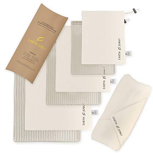 Reusable Produce Bags in Mesh & Muslin - Washable Fruit and Vegetable Storage - 6 Food Grocery Bags, 1 Bonus Greens Swaddle Sheet - Eco Friendly Drawstring Bag Set - S, M, L