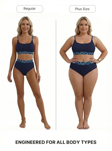 Image of Herseas Women's Textured Bikini Sets Floral Print Trim Scoop Neck Swimsuits High Waisted Bathing Suits