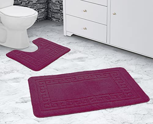 La Maison Bathroom Rug Set 2 Piece Greek Key Scroll Non Slip Bath Mat and Pedestal Mat Set Quick Dry Shower Bath Super Soft Toilet Mat Set (Deep Pink)