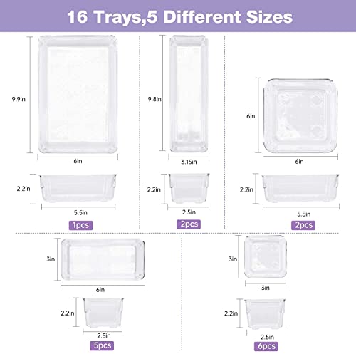 Image of Desk Drawer Organizers Trays Set Clear Plastic Storage Bins Bathroom Drawer Tray Dividers Vanity Trays Organizer for Bedroom Dresser Makeup Kitchen Utensil Office (16pc Set)