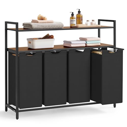 VASAGLE Panier à Linge, Corbeille à Linge Sale, Rangement 4 Compartiments, 4 Sacs Amovibles en Tissu Oxford, 2 Étagères, Cadre en Métal, 40L pour Chaque...