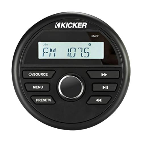 KICKER 46KMC2 Marine Bluetooth All-Weather AM/FM USB/AUX Gauge Style Media Center Receiver W/Black Cover Bundle Combo with USB/AUX 3.5MM Auxiliary Interface Adapter, White Long Range Radio Antenna