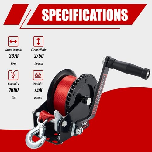 TYT 1600lb Boat Trailer Winch with 8M Red Strap, 2 Way Ratchet Hand Crank Strap Winch with Strong Hook, Heavy Duty Steel Construction Manual Gear Winch for RV Jet Ski Boat Trailer Towing Pulling Winch