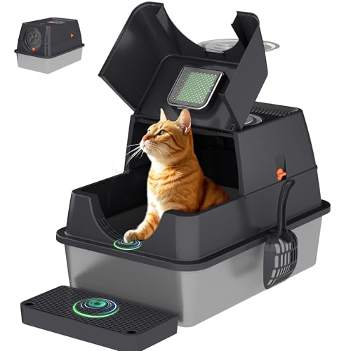 Citylife XL Cat Litter Box, Stainless Steel Cat Litter Tray, Flip-Top Metal Cat Litter Tray with Scoop & Pedal, Easy to Clean, Non-Sticky, Non-Odor, Cat Litter Box Dark Grey