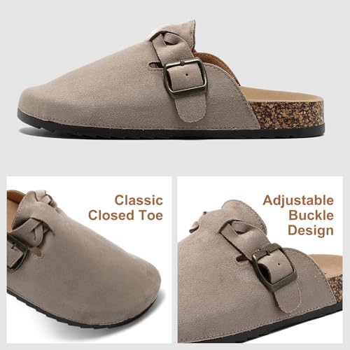 Image of Suede Clogs for Men Soft Cork Footbed Women's Clogs Mules with Arch Support, Adjustable Buckle Comfort Leather Potato Shoes, Slip-On Closed Toe Slippers
