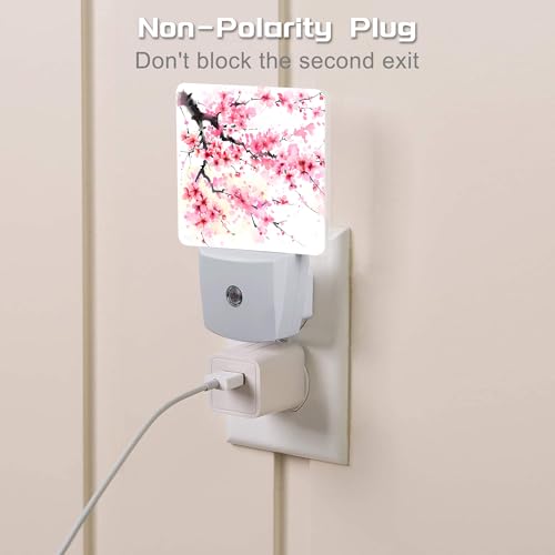 Image of Watercolor Cherry Blossoms Tree Night Light for Kids,Abstract Pink Floral Night Light Plug in with Dusk to Dawn Sensor,0.5w Energy Saving Nightlight for Hallway Stairway Kitchen Bedroom