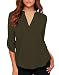 roswear Women's Casual V Neck Cuffed Sleeves Solid Chiffon Blouse Top Army Green Small