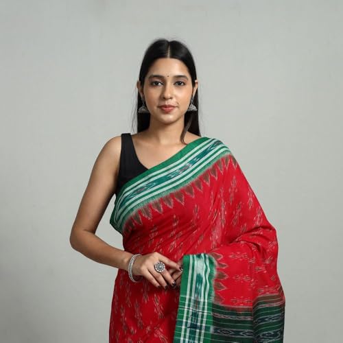 Image of ODISHAHANDLOOM Sambalpuri Pure Cotton Handloom Saree, Traditional Ikat Pattern, Red and Green, Without Blouse