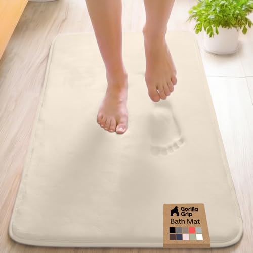 Image of GORILLA GRIP Memory Foam Bath Mat, Soft Absorbent Velvet Bathroom Mats, Durable Dots on Underside, Machine Washable Bathmat, Carpet Rug Room Decor for Shower Tub Floor RV, 42x24 Rugs, Cream