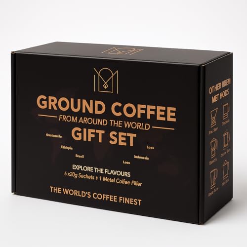Coffee From Around The World Gift Set | 6 Specialty Ground Coffees + Reusable Stainless Steel Pour Over Filter | Coffee Gifts for Men | Christmas Gifts for Him | Gourmet Coffee Gift Set | Mens Gifts