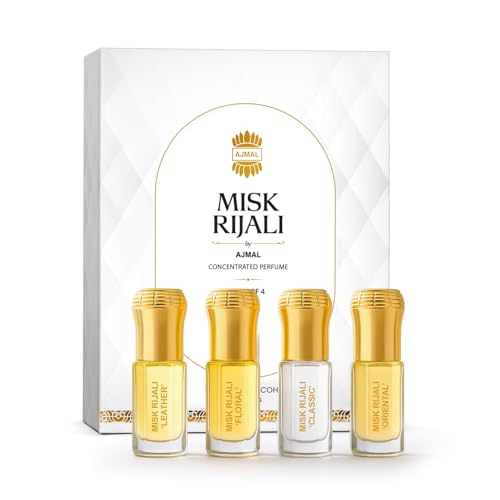 Image of Ajmal Assorted Misk Rijali Non-Alcoholic Luxury Attar Perfumes Gift Set | For Men & Women | Long Lasting, Unisex, Royal Fragrance | Perfect For Gifting | 3ml Each, Pack Of 4