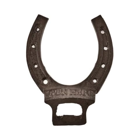 Aunt Chris' Products - Heavy Cast Iron - Horseshoe Bottle Opener - Wall Hung -"Open HERE" On Front - Dark Brown Color Finish - Use Indoor Or Outdoor Cover
