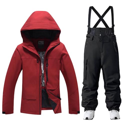 YEEFINE Men's Ski Suit Two Piece Waterproof Ski Red Jacket and Black Pants Set Windproof Winter Snow Coat Warm Snowsuits