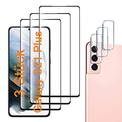 EWWE [3 + 3 unidades Protector de pantalla de cristal blindado compatible con Samsung Galaxy S21 Plus 5G con 3 unidades de protector de pantalla + 3 unidades de cristal blindado Cover