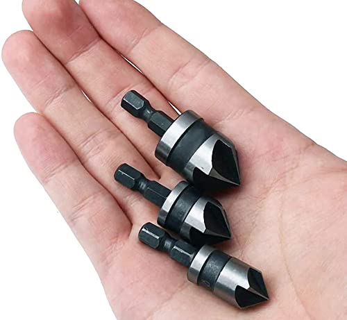 Bestgle 3pcs 1/4 Inch Shank 5 Flutes Countersink Chamfer Drill Bits, 90 Degree Chamfering Cutter Chamfer Tapered Bit Set for Woodworking Metalworking, 12mm 16mm 19mm