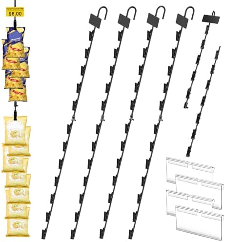 Hanging Merchadise Strips with Hooks,32 inches Chip Display Rack Stand 12 Clips Potato Chip Bag Holder with Label Headers Metal Retail Display Rack for Snack Candy 4Pcs Black