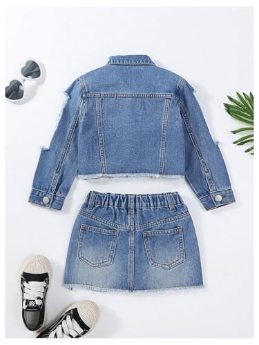 Image of WDIRARA Girl's 2 Piece Outfit Ripped Button Front Long Sleeve Denim Jackets and Mini Skirts Set