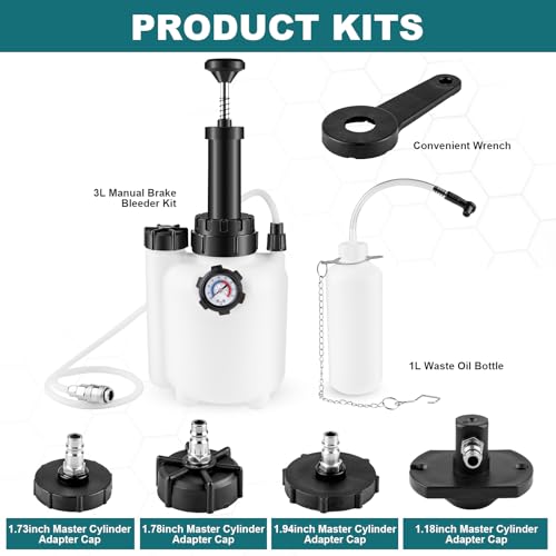 Aikyciu 3L Manual Brake Bleeder Kit, One Person Brake Bleed Vacuum Pump with 1L Brake Fluid Bleed Bottle and 4 Master Cylinder Adapters, Suitable for Most Vehicles