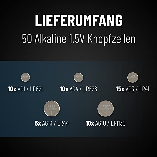 Knopfzellen Sortiment ABSINA 50er Pack Alkaline AG1 AG3 AG4 AG10 AG13