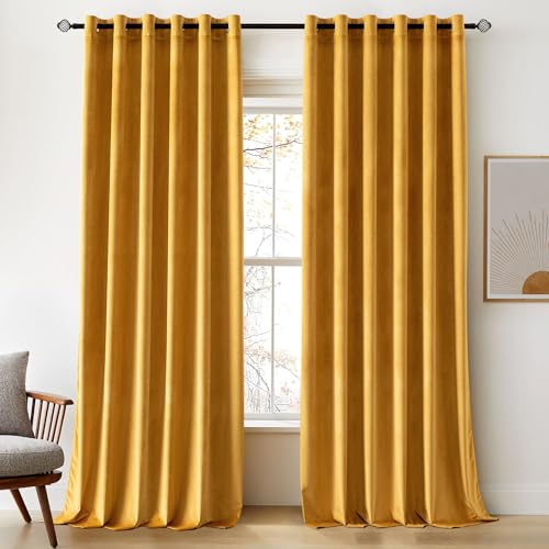 Woaboy Velvet Curtains 90 Drop Mustard Yellow Curtain for Living Room Thermal Blackout for Bedroom Luxury Eyelet Drapes Soft Window Treatment Insulated Soundproof & Room Darkening W 90 x L 90 2 Panels