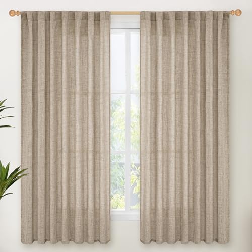 YoungsTex Oatmeal Linen Curtains 60 X 63 Inch Length, Wide Light Filtering Drapes with Rod Pocket Back Tab for Bedroom Farmhouse Living Room, 2 Panels, 60 X 63 Inch