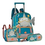 Kit Mochila Carrinho com Lancheira Térmica e Estojo Escolar Infantil Tubarão
