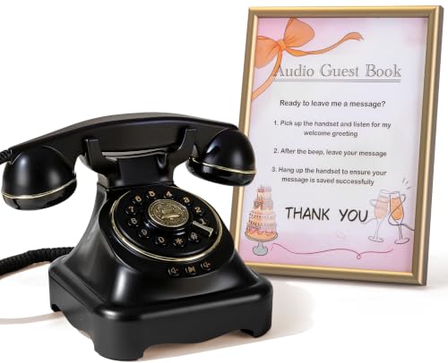 Image of RetroVox Audio Guest Book Wedding Phone Guestbook and Signage Guest Audio Message Book, Vintage Style for Wedding Reception, Bridal Shower, Baby Shower(Black & Sign Holder F)