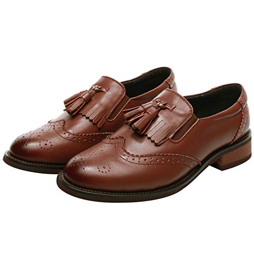 ANUFER Mujer Piel Genuina Borla Mocasines Brogues Ponerse Zapatos de la Corte Marrón SN02770 EU37