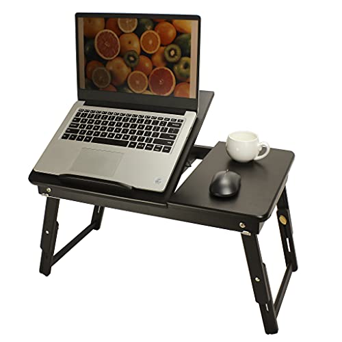 SMIBUY Laptop Bed Desk | Bamboo Breakfast Table | Serving Tray | Notebook Stand, Legs Foldable, Height Adjustable, 5 Angles Tilting Top with Drawer (Dark Brown)