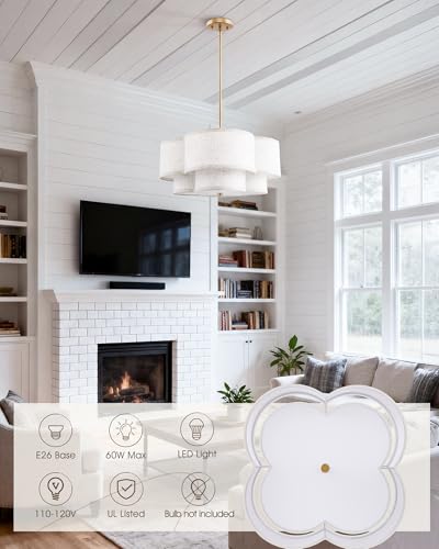 Image of 18 inch Chandelier, 3-Light Gold Pendant Light Fixtures with Dual Layer Linen Shade in Quatrefoil Shape, Double Drum Chandeliers for Dining Room Kitchen Living Room Bedroom, AD-22007-3P-GD-B