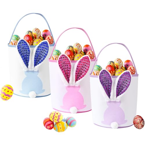 Image of Easter Bunny Baskets Empty with Lights, Large Easter Egg Hunt Baskets for Kids, Canvas Easter Basket Candy Tote Bags with Handles, Easter Decorations Party Supplies (Blue+Pink+Purple)