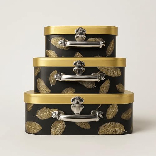 Image of Oasis Pack of 3 Premium Trunk Style Gift & Flower Hamper Boxes With Handle | Classic Bouquet Box for Flower Arrangements & Gift Hampers | Decorative Gift Packaging Box - Brown & Gold