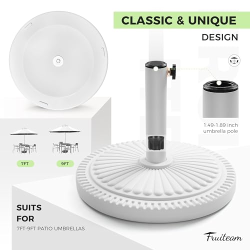 Image of FRUITEAM 33-lbs Round Patio Umbrella Base Pre-Filled Umbrella Stand 17.7 inch Sun-Flower-Pattern Heavy Duty Market Umbrella Base Stand for Patio, Outdoor, Swimming Pool, White