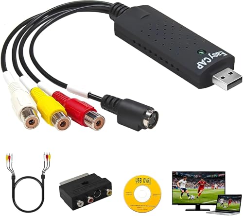 SHOPWELLY Convertisseur VHS vers Numérique, Convertisseur de Grabber vidéo Capture, RCA to USB 2.0 Video Capture Card, Support Windows 11/10/8 MacOS, Umérisez VCR DVD VHS Hi8 pour Stockage MP4/AVI
