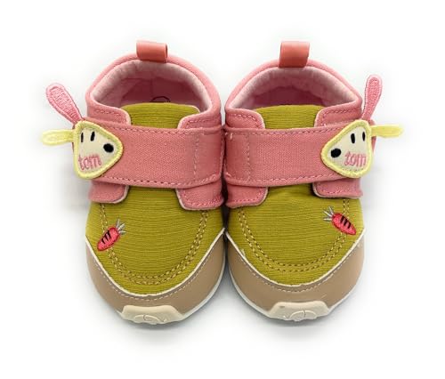 Image of Baby First Walking Shoes, Unisex Infant Sneakers, Hook & Loop Closure, Mid Top Canvas, Pink-Green Multicolour