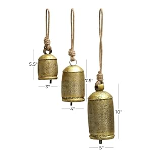 Deco 79 Metal Decorative Cow Bells Tibetan Inspired with Jute Hanging Rope Set of 3 1086H Bronze