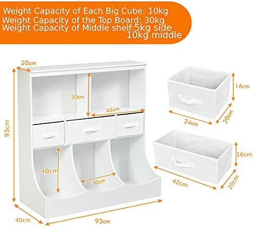 GYMAX Toy Storage Organizer, 3-Tier Wooden Children Storage Cabinet with 3 Fabric Detachable Drawers, 8 Cubes Kids Multi Cubby Shelf for Books Toys (White)