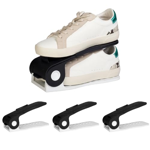 HomeStrap Shoe Organizer Slot (Pack of 4) (Black/White)| Adjustable | Space Saver | Double Deck Shoes Storage Holder for Rack and Shelf